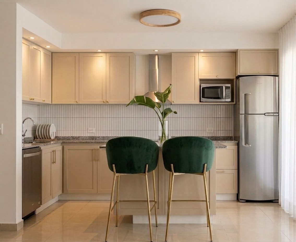 Cocina con isla, beige arena