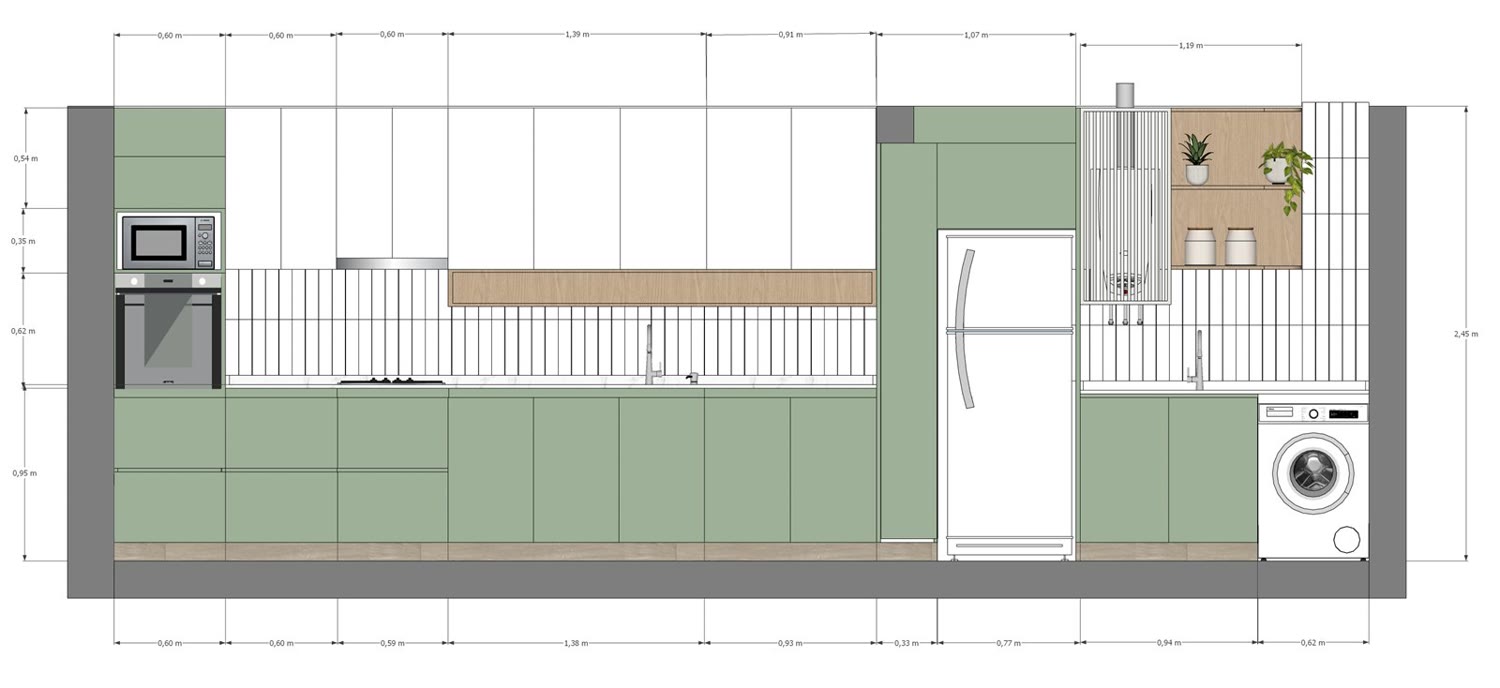 Cocina, vista frontal con medidas